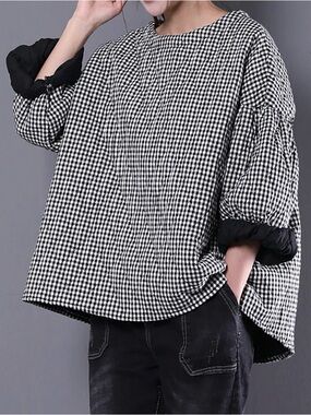 Buykud Plus Size Plaid Loose Blouse - 3/4 Sleeve Quilted Top